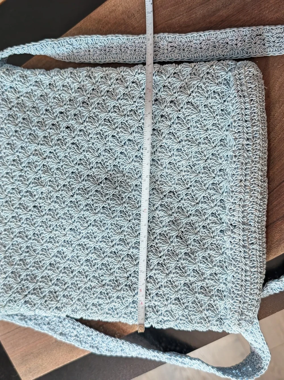 Light Blue Crochet Crossbody Bag with Decorative Brooche